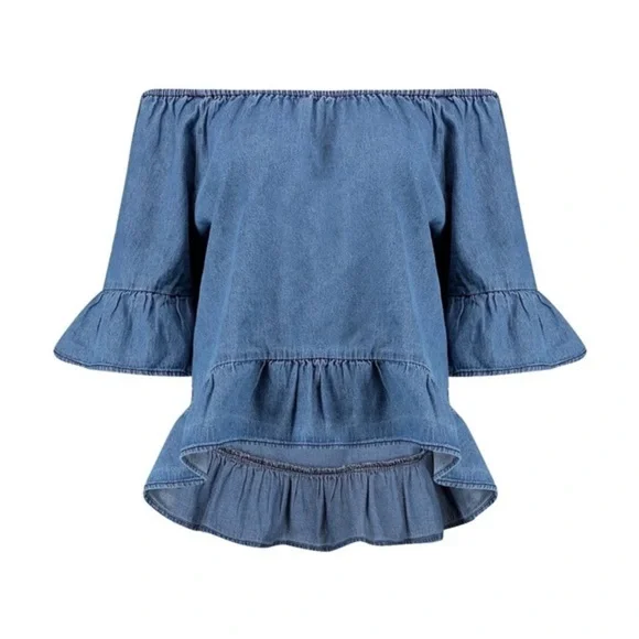 Zara Off The Shoulder Denim Ruffle Top - Picture 6 of 6